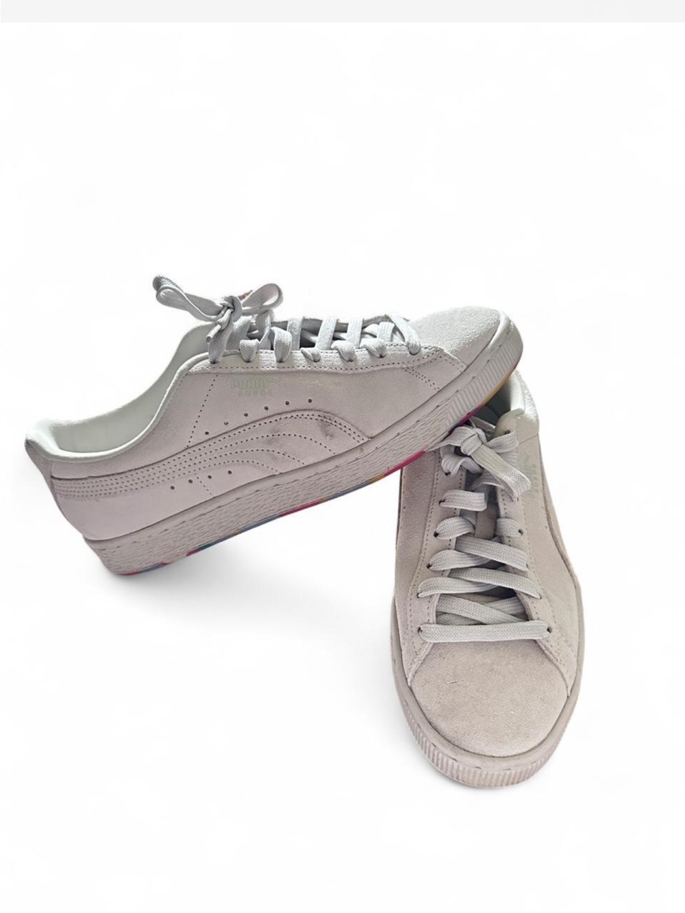 Puma women’s white grey suede nimbus classic sneakers with multicolored geometri